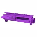 Custom purple AR-15 upper receiver with Picatinny rail and anodized finish on white background.