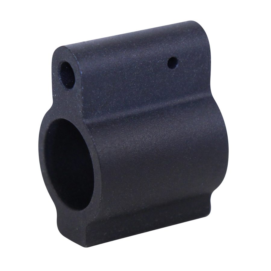 Matte black AR rifle gas block, precision-machined for optimal gas cycling in firearms.