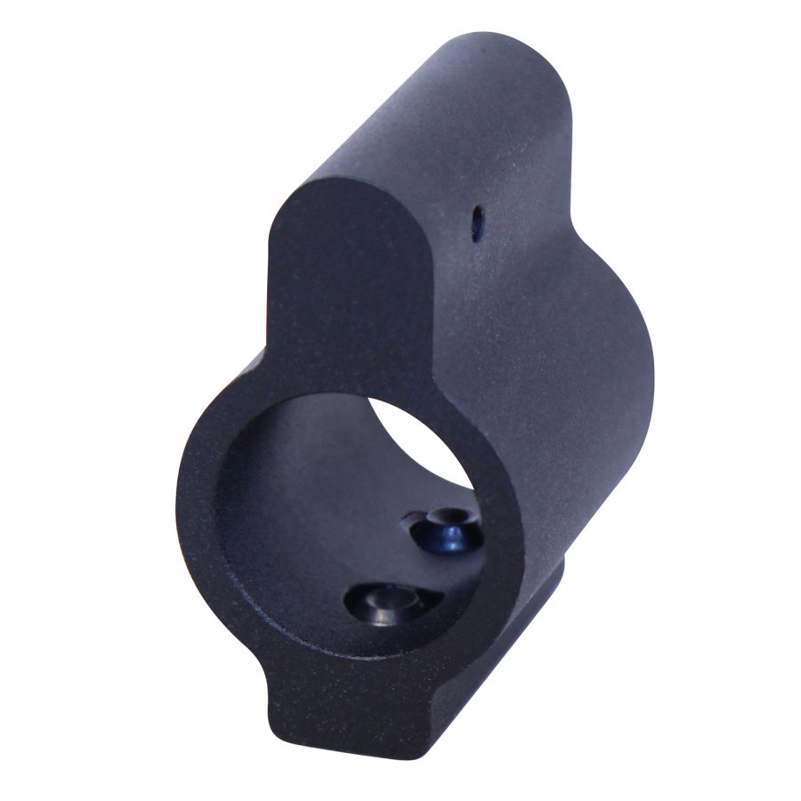 Precision-machined matte black gas block for AR rifles with durable, ergonomic design and set screw holes.