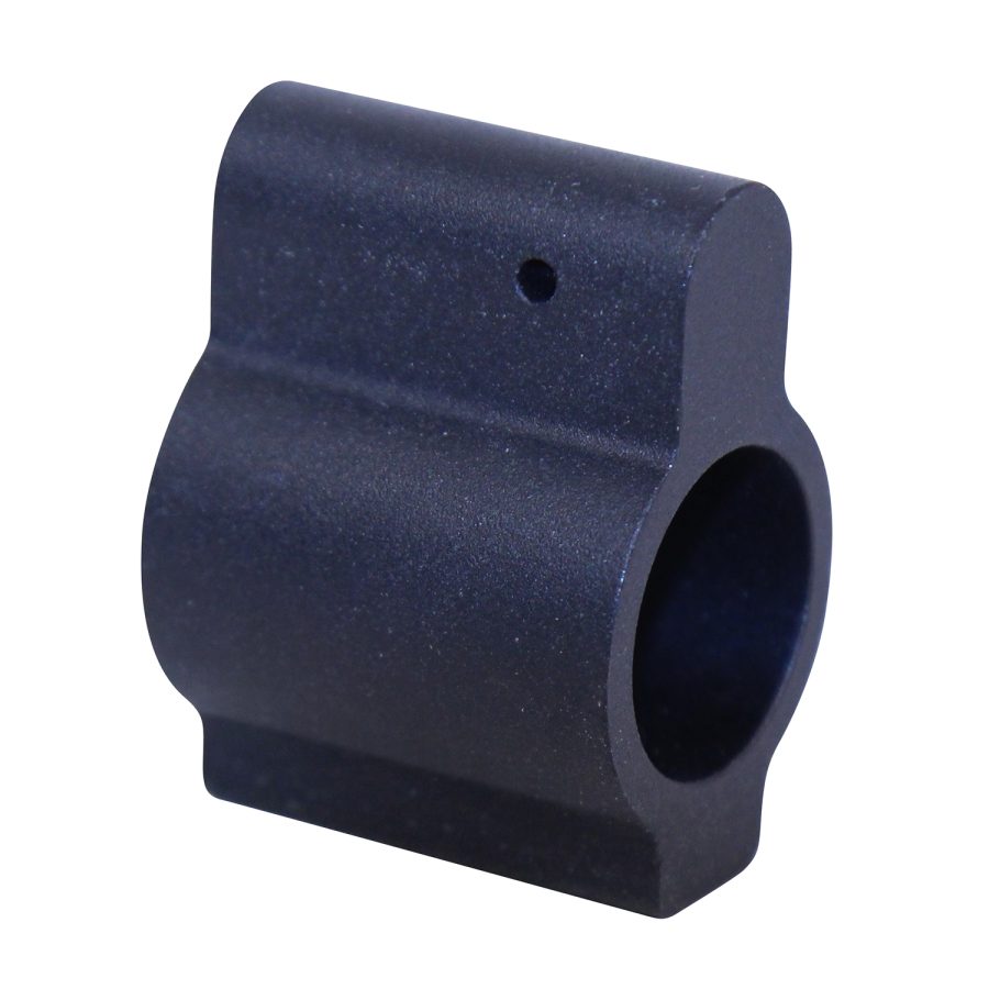 Precision machined metal gas block for firearms, durable and corrosion-resistant with tactical design.