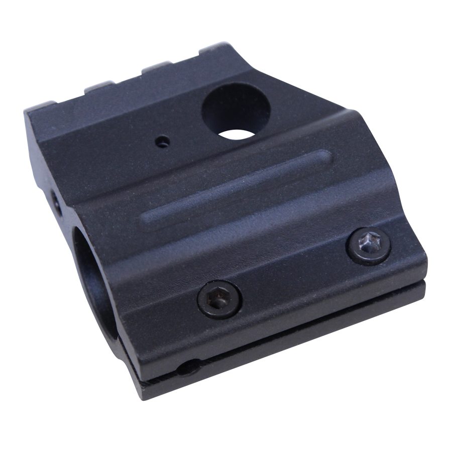 Black anodized aluminum bracket with Picatinny rail, circular opening, and hex screws for secure mounting.