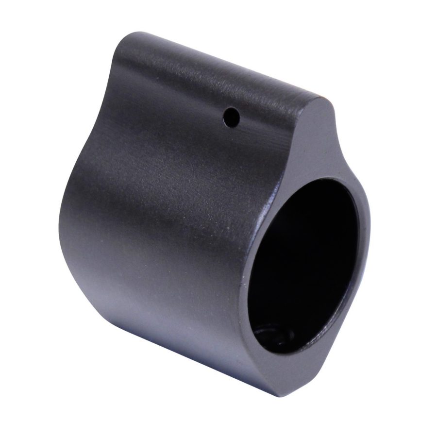 Matte black precision-machined gas block for firearms, featuring a low-profile cylindrical design.