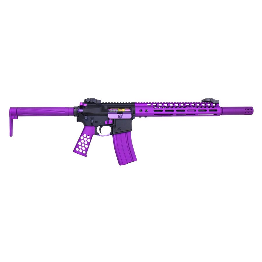Custom purple AR-15 rifle showcasing vibrant design and modular customization.