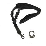 Black tactical single-point sling with bungee, includes metal QD sling mount for firearms.