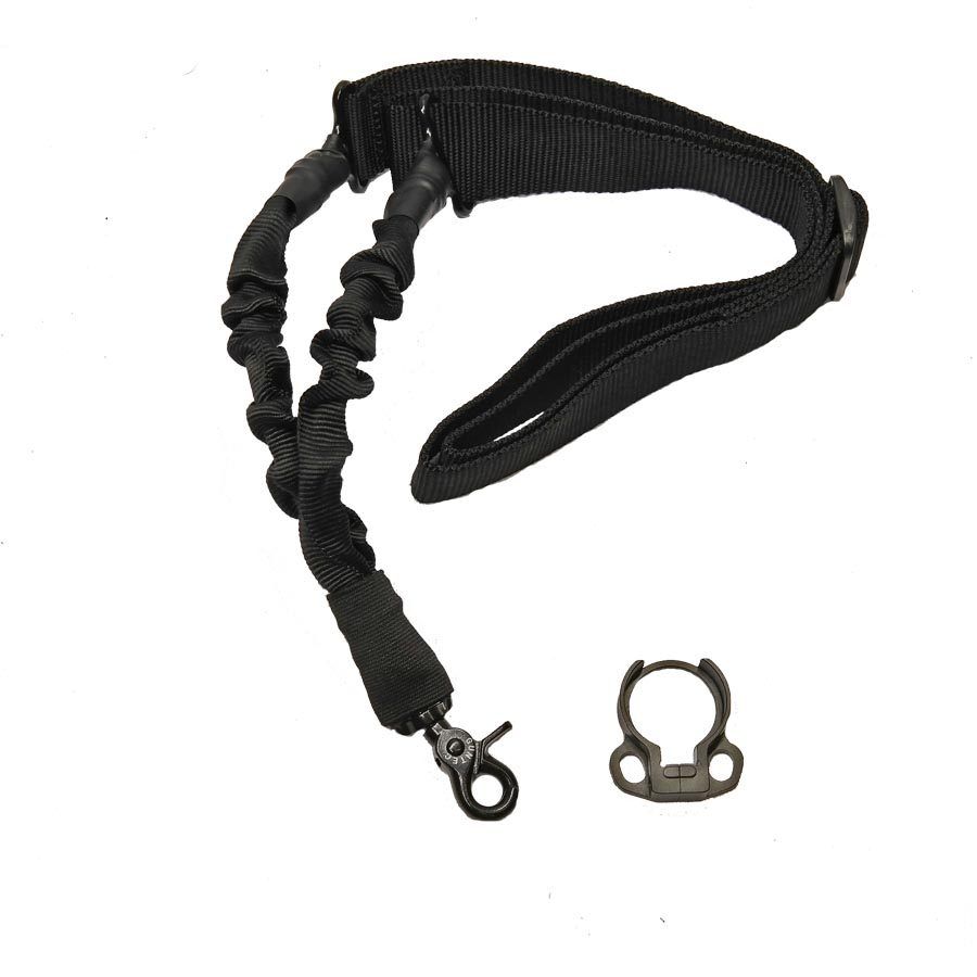 Black tactical single-point sling with bungee, includes metal QD sling mount for firearms.