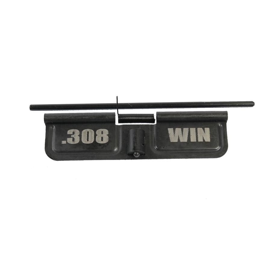 Black AR-10 dust cover engraved .308 WIN, protects rifle internal parts from debris.