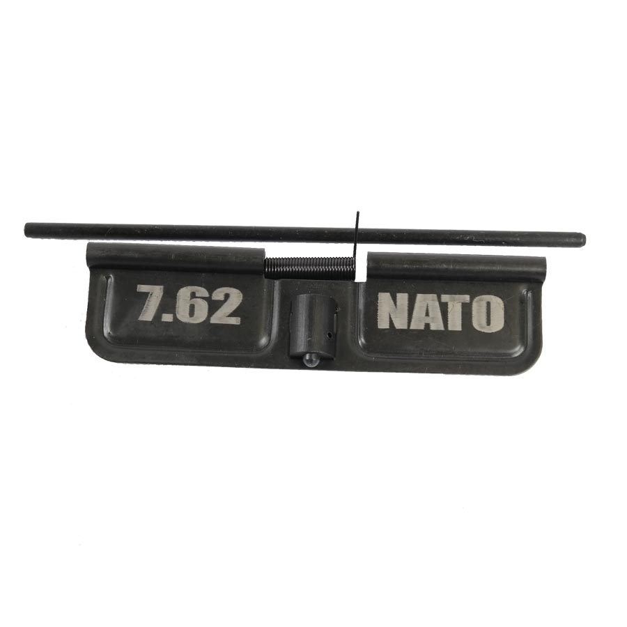 Black AR-10 dust cover for 7.62 NATO rifles, featuring durable metal construction.