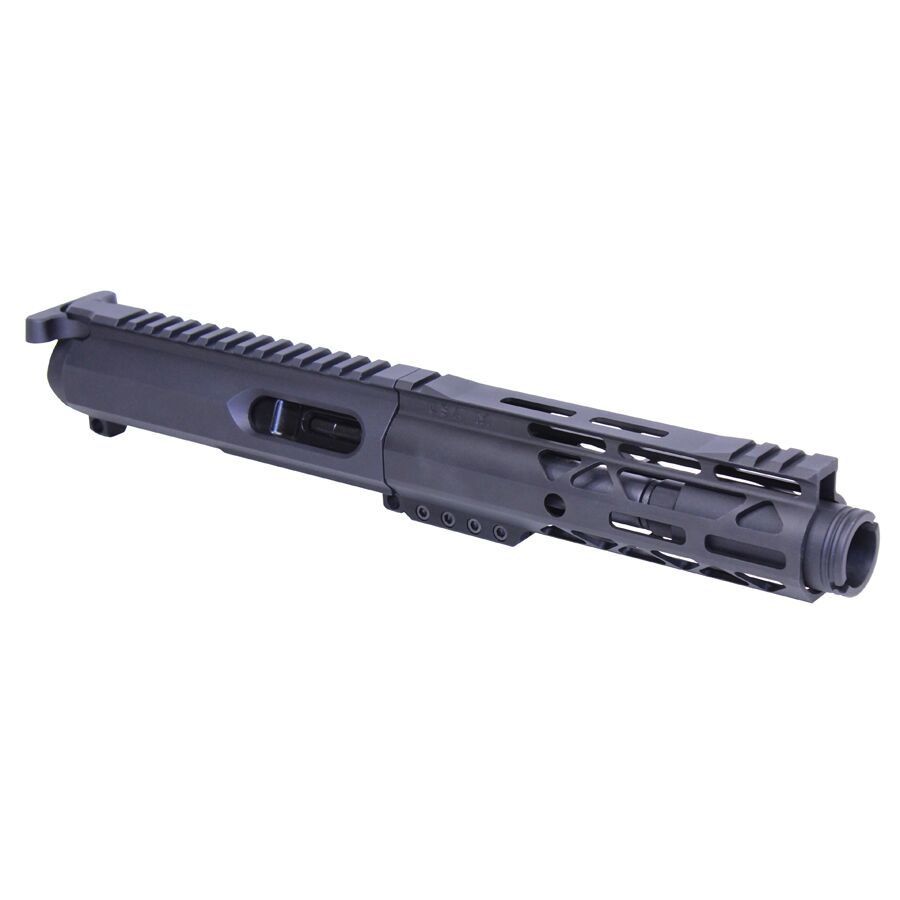 AR-style pistol upper receiver with ventilation cuts and picatinny rail for accessory mounting.