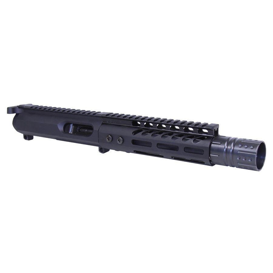 Sleek AR upper receiver with Picatinny rail, M-LOK slots, muzzle device; ideal for custom builds.
