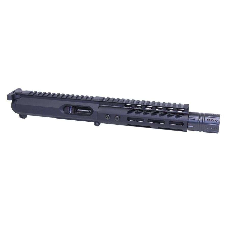Compact AR upper receiver with picatinny rail and M-LOK slots for tactical applications.