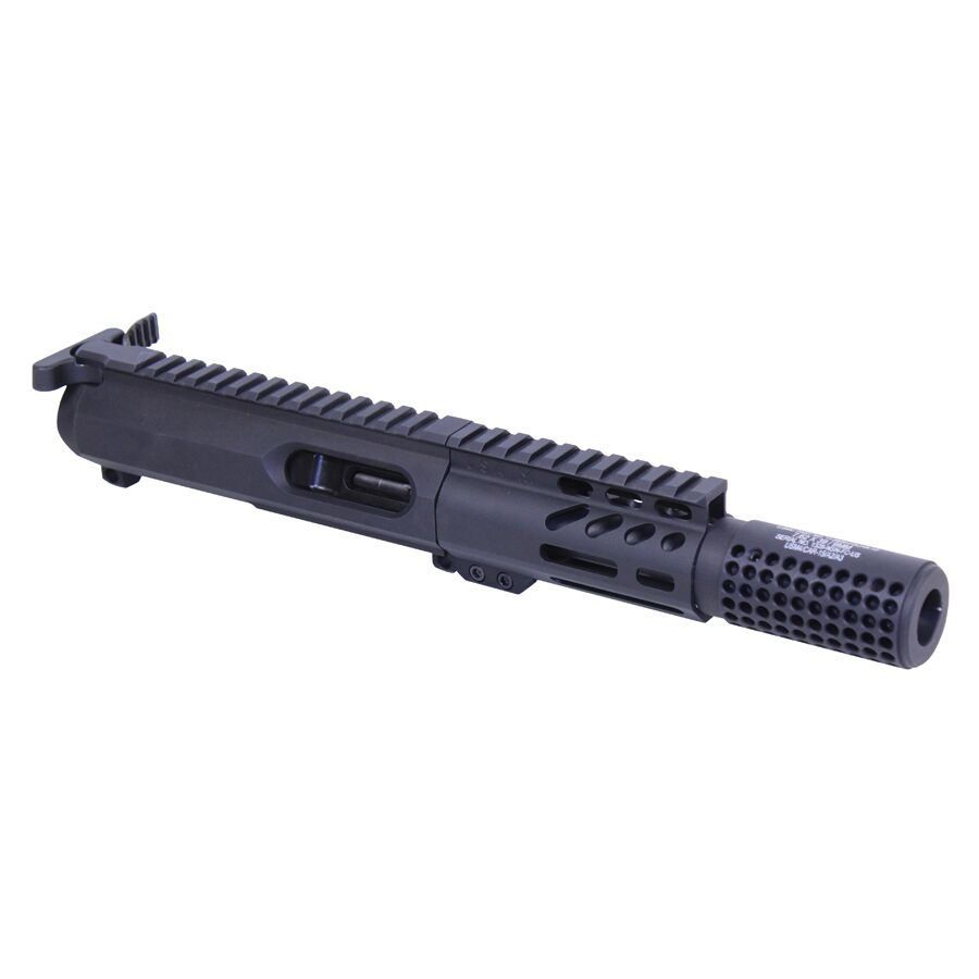 Black AR-15 upper receiver with Picatinny rail, honeycomb muzzle brake, and M-LOK slots.