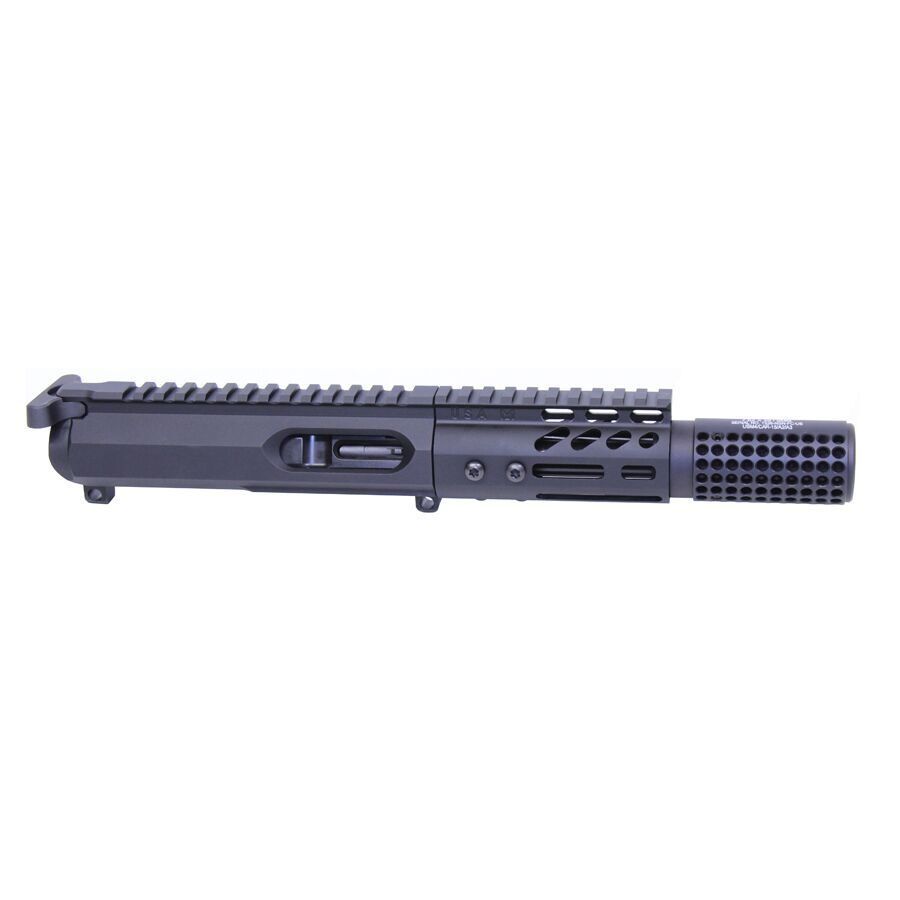 Matte black firearm upper receiver with Picatinny rails, barrel shroud, and precision machining.
