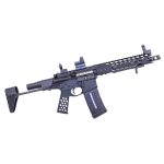 Modern AR-15 rifle with collapsible stock, rail system, optic, and tactical customization features.