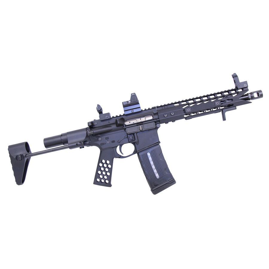 Modern AR-15 rifle with collapsible stock, rail system, optic, and tactical customization features.