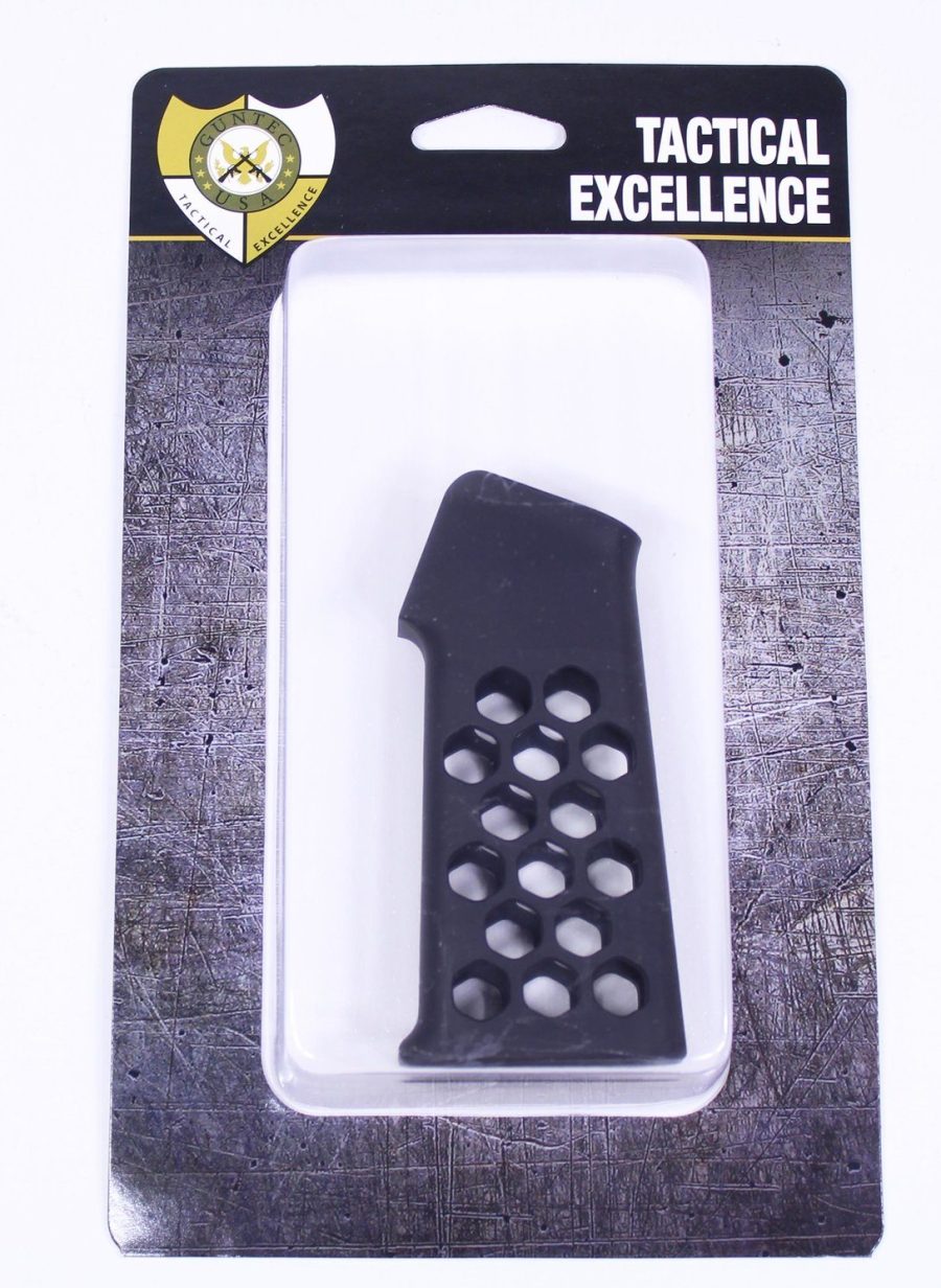 Black Tactical Excellence pistol grip with hex pattern for AR-style firearms, in retail packaging.