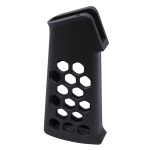 Sleek black AR-15 grip with hexagonal cutouts for weight reduction and ergonomic comfort.