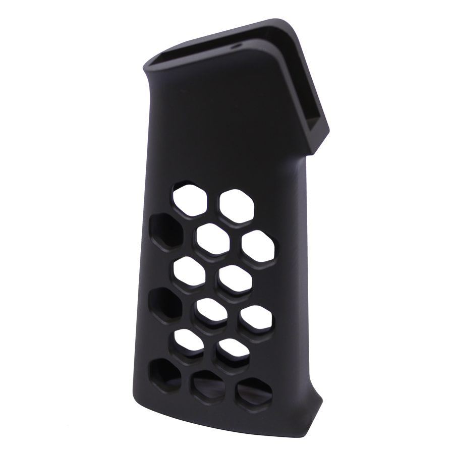 Sleek black AR-15 grip with hexagonal cutouts for weight reduction and ergonomic comfort.