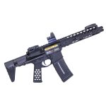 Compact matte black AR-style carbine with red dot sight and M-LOK rail system.
