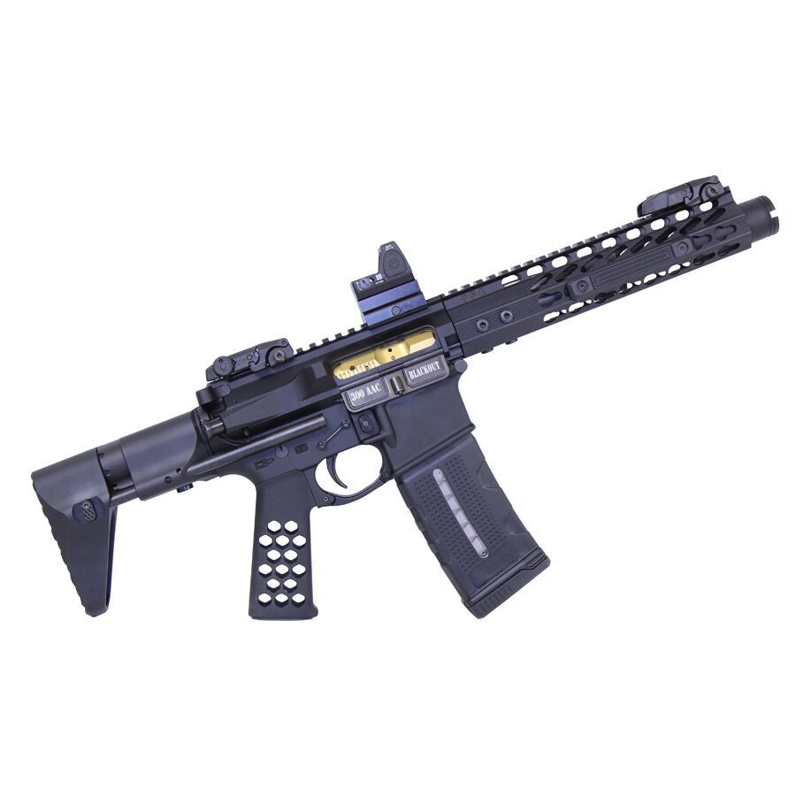 Compact matte black AR-style carbine with red dot sight and M-LOK rail system.
