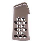 Tan AR-15 pistol grip with honeycomb design, polymer build, ergonomic, lightweight, tactical aesthetics.