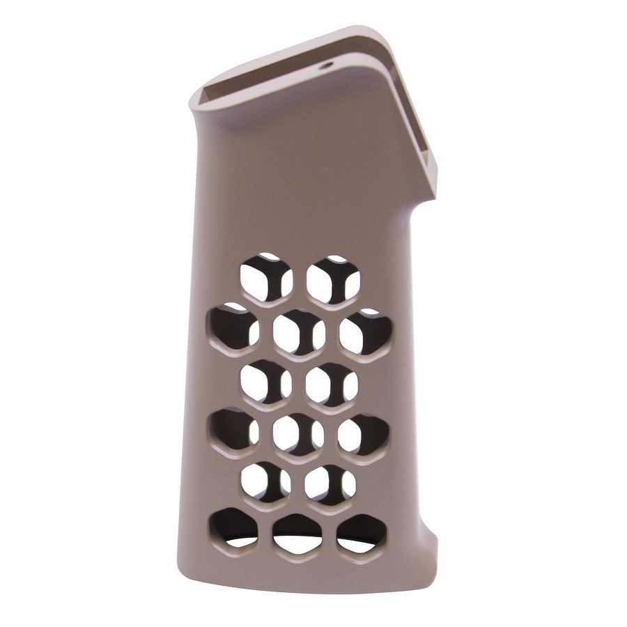 Tan AR-15 pistol grip with honeycomb design, polymer build, ergonomic, lightweight, tactical aesthetics.