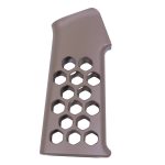 Tan ergonomic AR-15 pistol grip with hexagonal cutouts, polymer material, matte finish for improved grip.