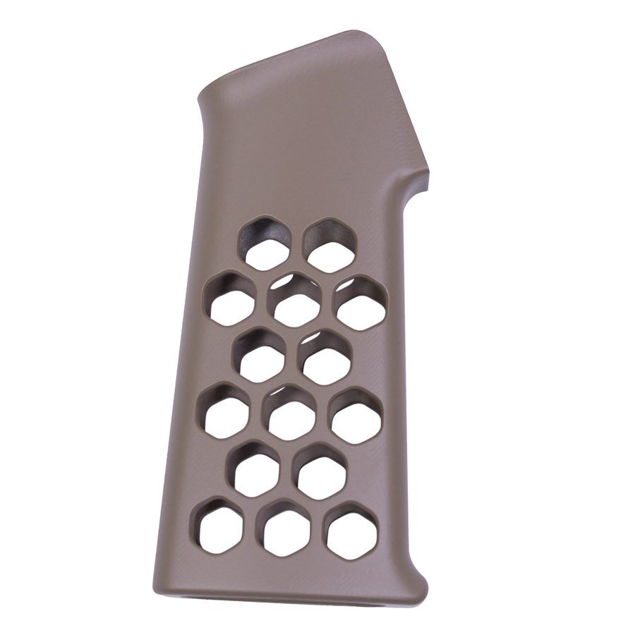 Tan ergonomic AR-15 pistol grip with hexagonal cutouts, polymer material, matte finish for improved grip.