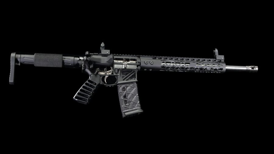 Modern AR-15 rifle with custom tactical features against a black background.