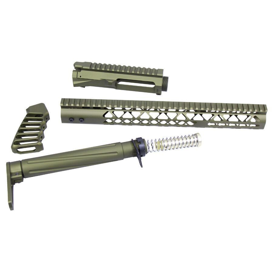 Olive drab AR-15 parts set with upper receiver, handguard, buffer tube, and pistol grip.