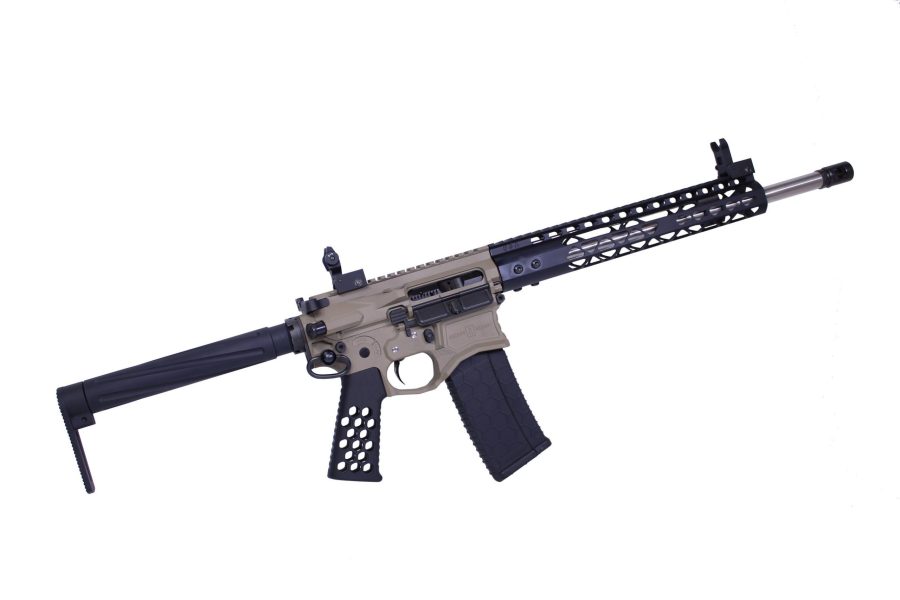 Flat Dark Earth AR-15 with KeyMod rail, flip-up sights, skeletonized stock, and tactical grip.