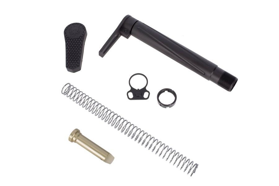 AR-15 grip assembly kit: Polymer grip, return spring, retaining rings, brass pin, end cap.