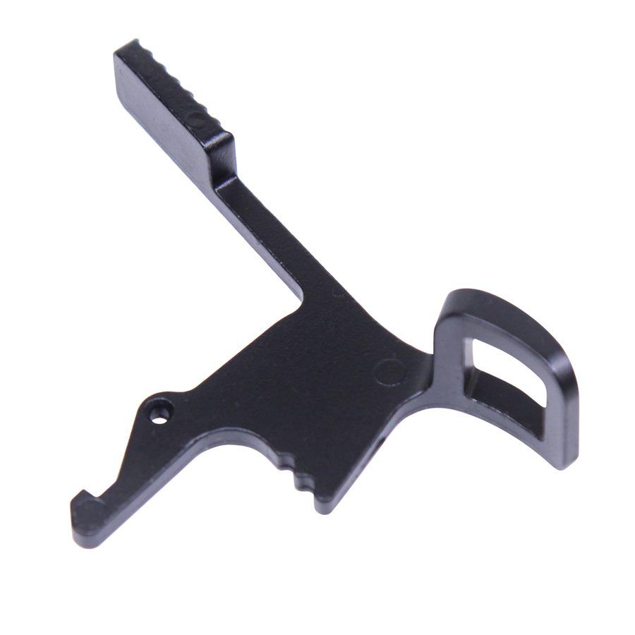 Precision firearm trigger component, matte black steel, contoured design, for gunsmith assembly.
