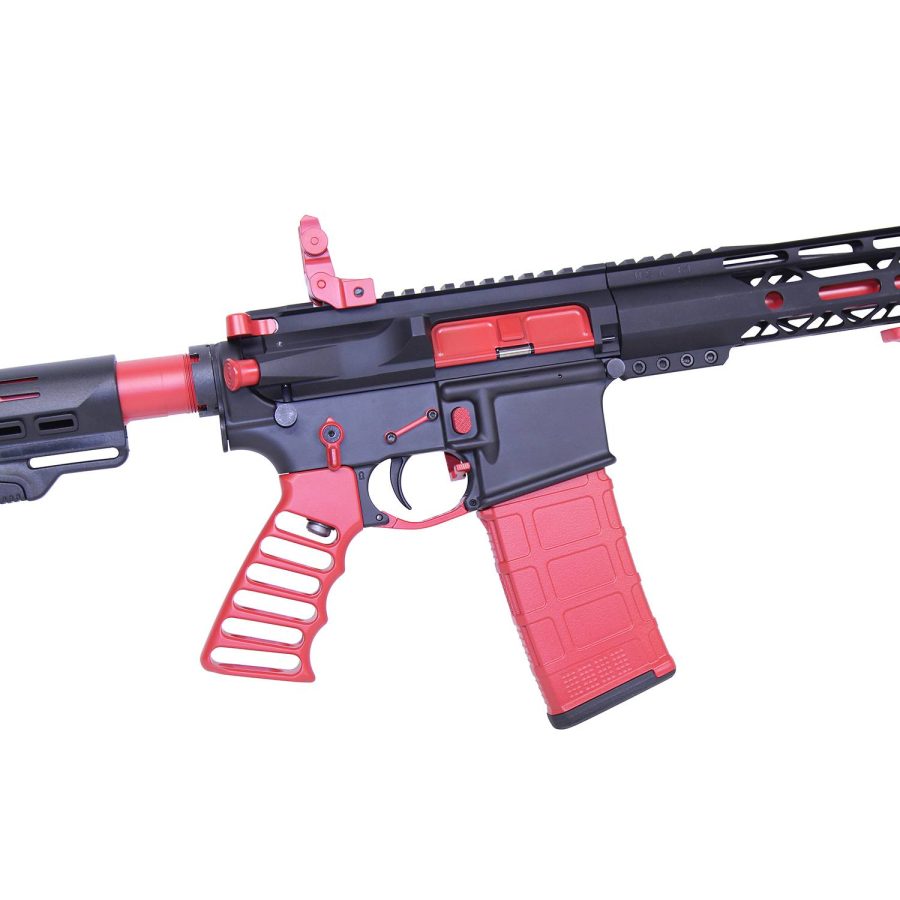 Black and Red AR-15 Style Airsoft Rifle with Tactical Design and Red Accents.