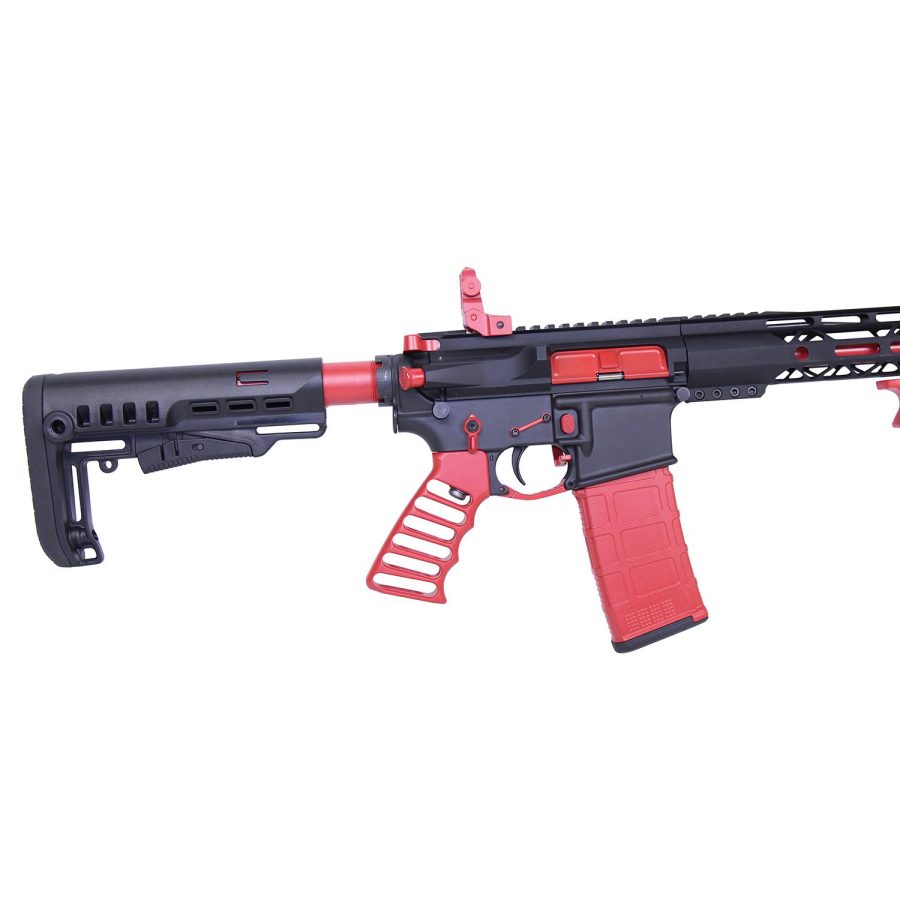 Modern AR-style sporting rifle with black and red design, featuring collapsible stock and top rail.