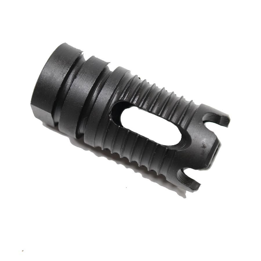 Black tactical muzzle brake with pronged design for reduced recoil and flash.