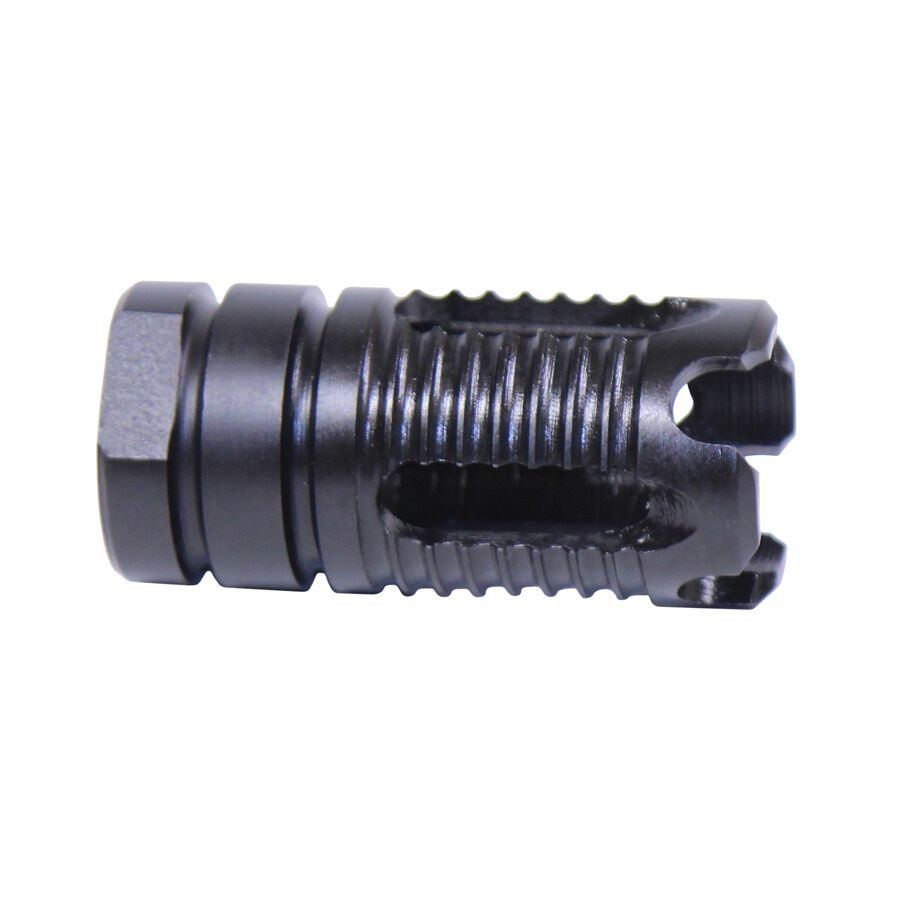 Black muzzle brake with grooves and ports for recoil reduction and flash suppression.