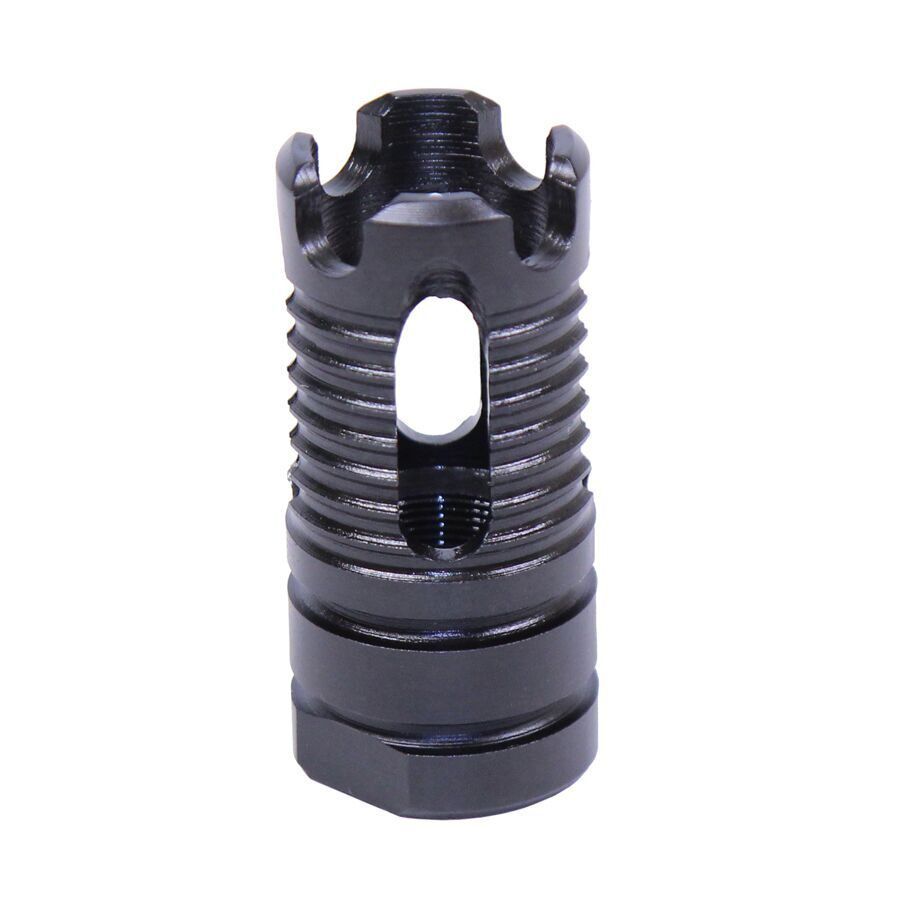 Black steel AR-15 flash hider with castle design for flash reduction.