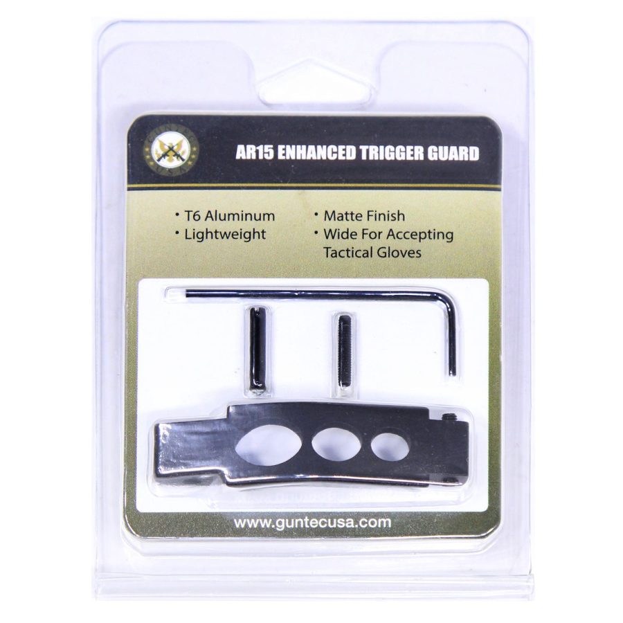 Packaged AR15 Enhanced Trigger Guard: lightweight T6 aluminum, matte finish, ergonomic, easy installation.