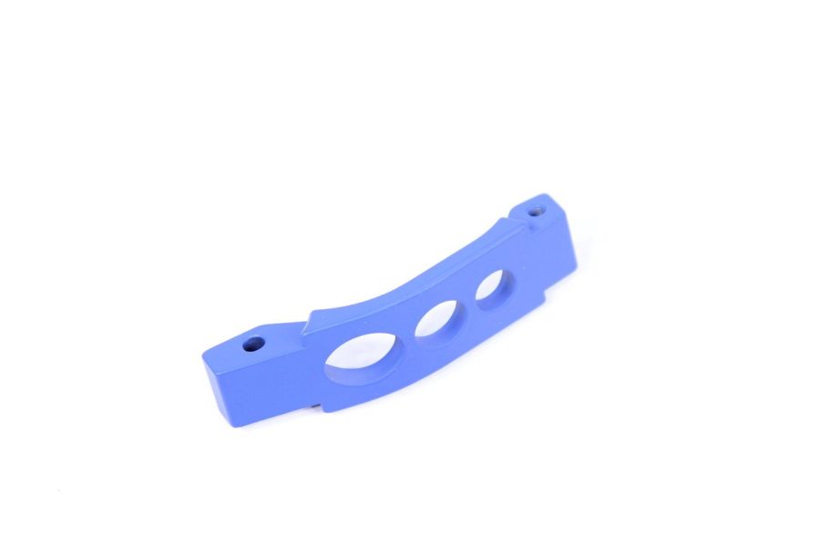 Light blue curved bracket with oval cutouts on white background, for technical applications.