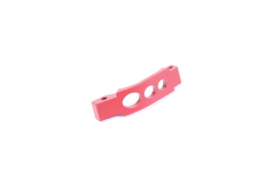 Red curved metal part with holes, precision-engineered for mechanical or electronics assemblies.