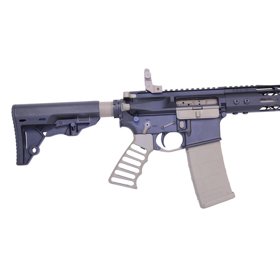 Modern AR-15 style rifle with adjustable stock and tan magazine against a white background.