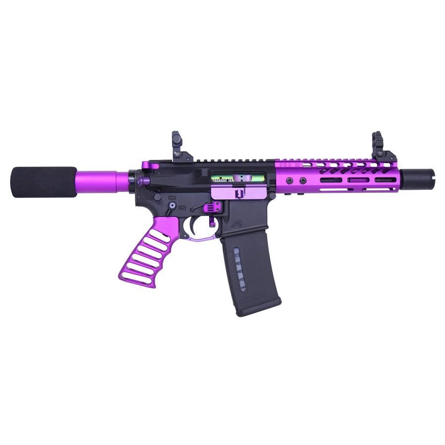 Compact black and purple AR-style rifle with tactical rails and ergonomic grip.