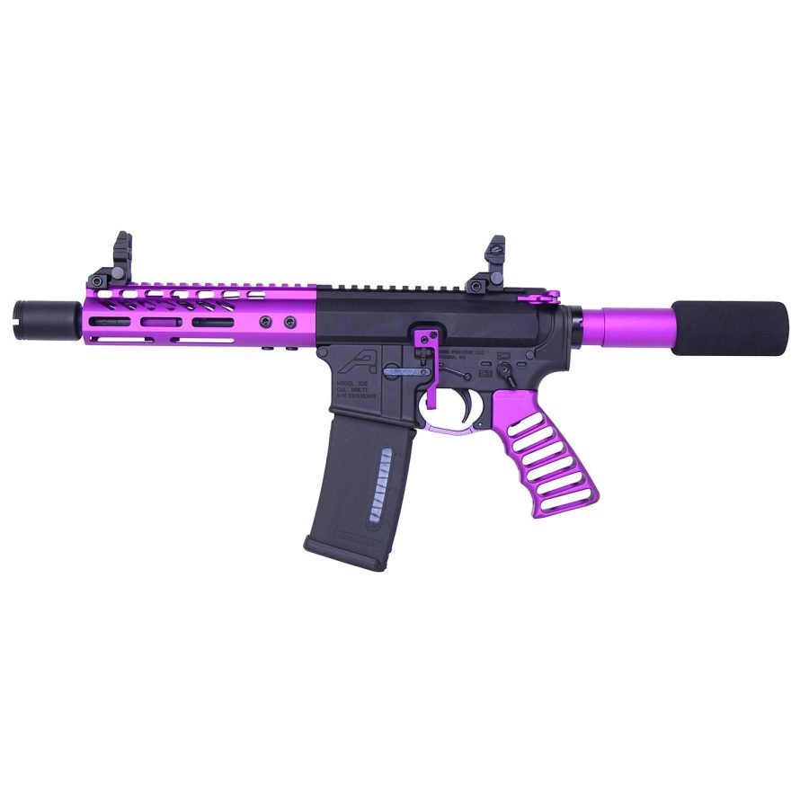 Custom AR pistol with black body and purple accents for personalized tactical style.