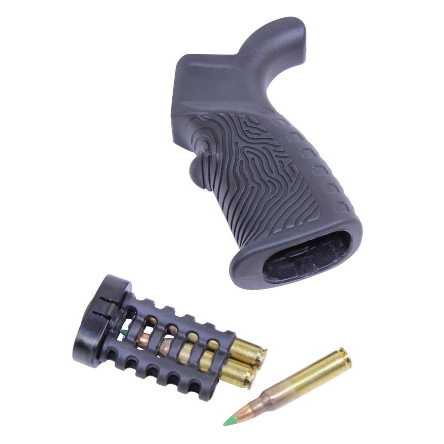 AR-15 grip, muzzle device, and rifle round for tactical firearm customization.