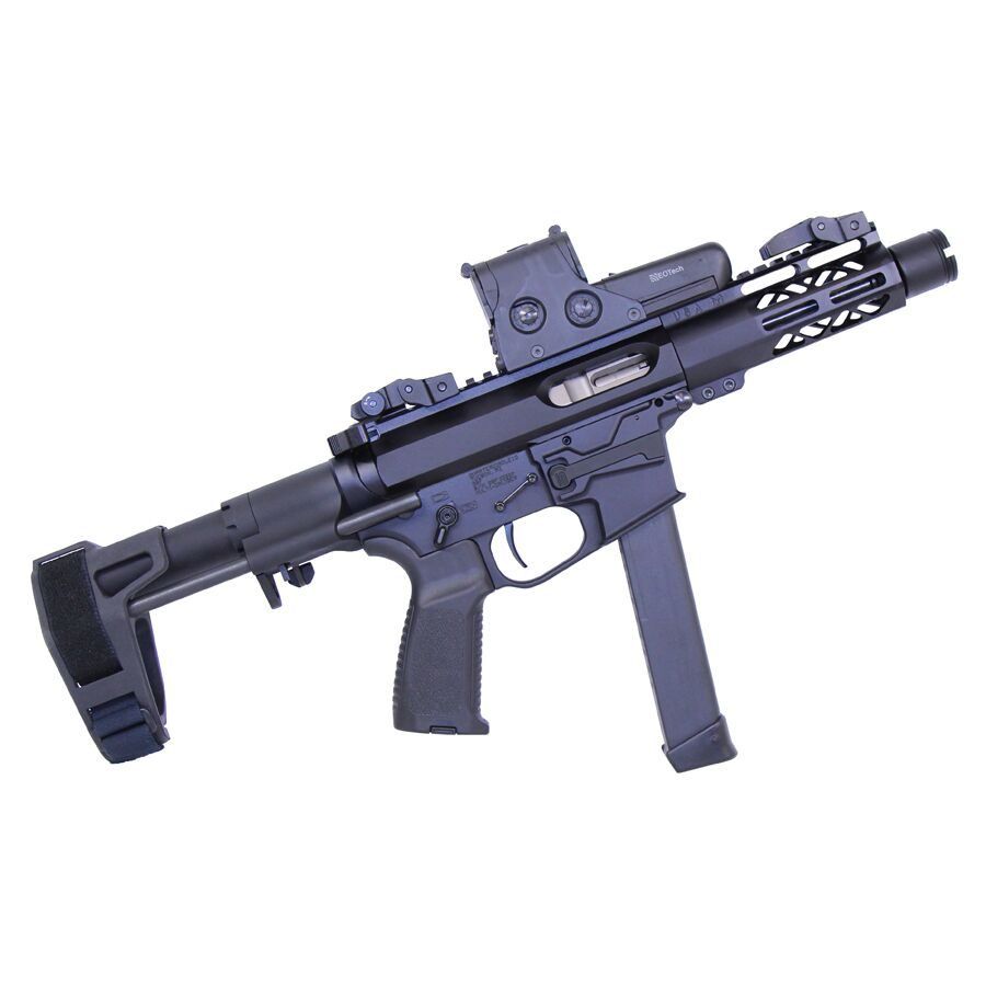 Modern 9mm submachine gun with tactical design, optical sight, and folding brace for defense.