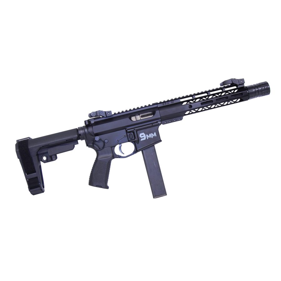 9mm AR-style tactical PCC with pistol brace, Picatinny rail, and skeletonized handguard for defense.