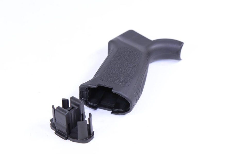 Black polymer ergonomic pistol grip and connector for modern sporting rifles, shown on white background.