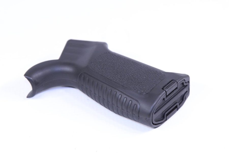 Textured black AR-15 pistol grip with ergonomic design and storage compartment for better firearm handling.