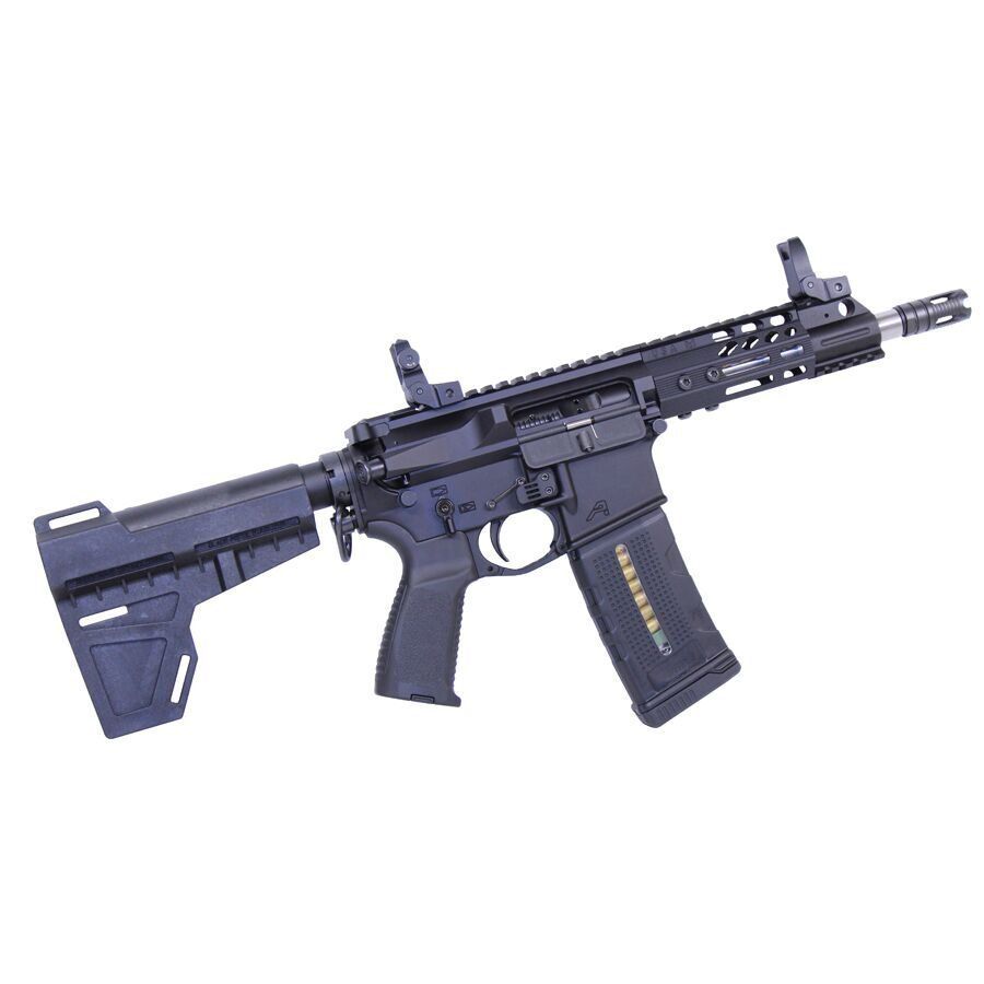 Compact AR-15 style pistol with stabilizing brace, modular rail, matte black finish.