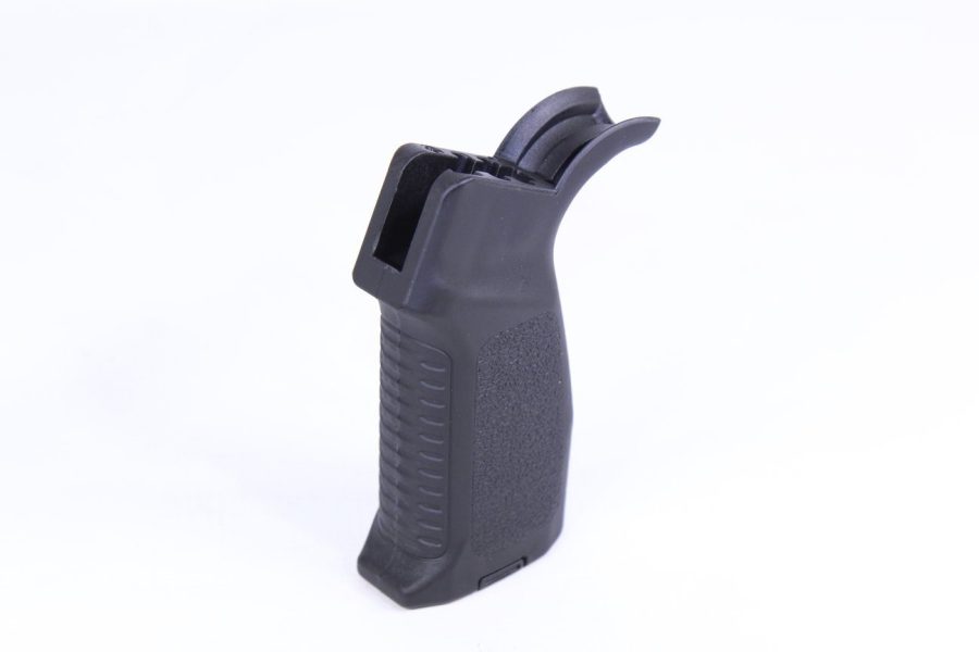 AR-style ergonomic polymer pistol grip with textured surface and finger grooves for optimal control.